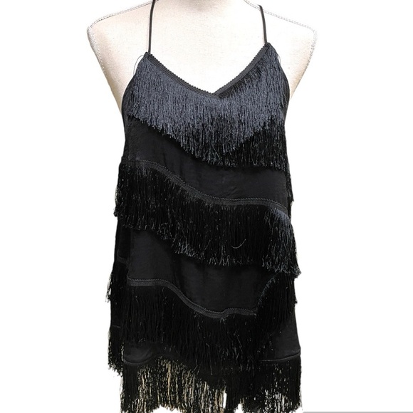 JOA Fringe & Satin Black Asymmetrical Racerback Halter Top Edgy Moto Sexy Size M - Picture 4 of 12